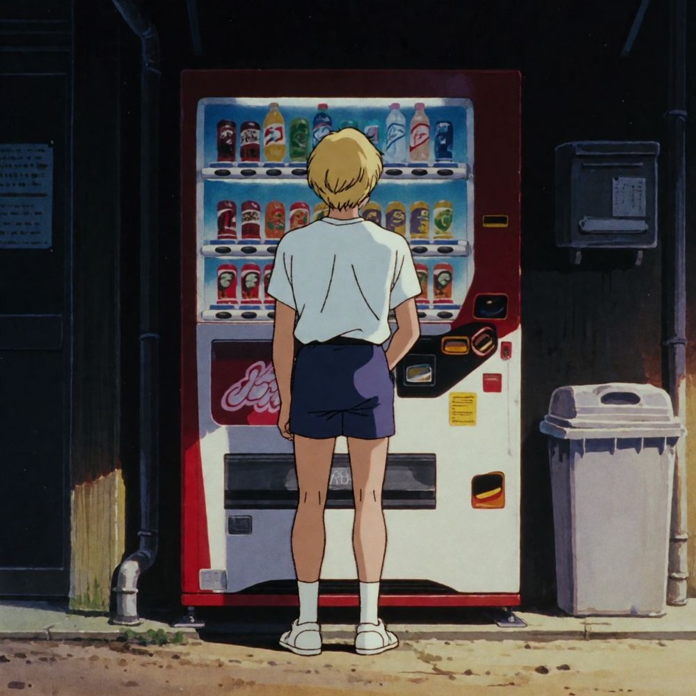 An anime boy at a vending machine, a trash can beside it