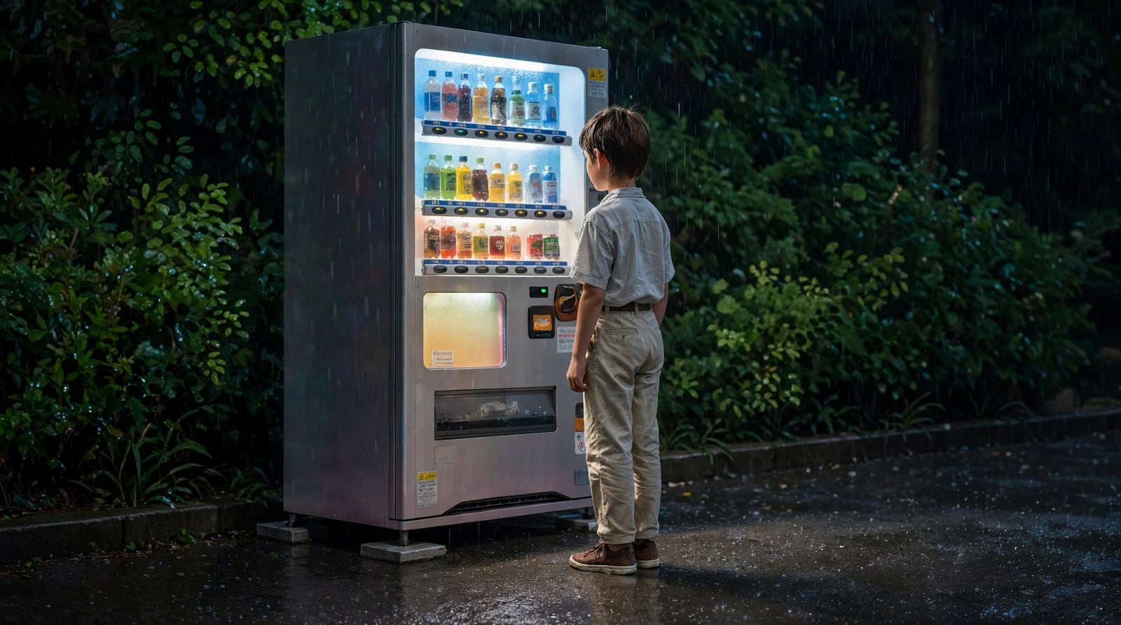 An anime boy at a vending machine at night, as Real life · Natural