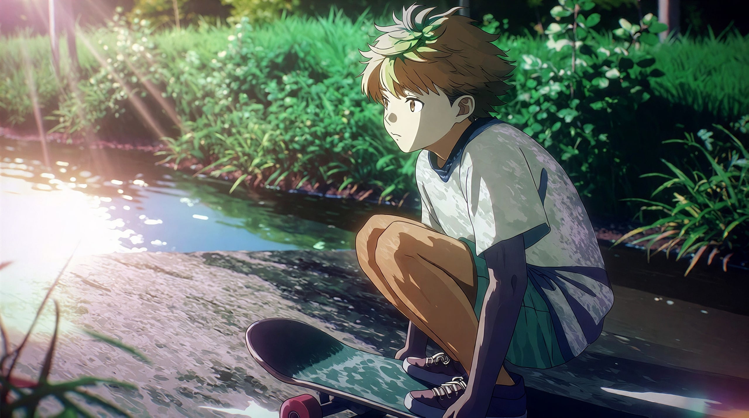 An anime boy crouched by a skateboard near a river, upscaled 4× from 640 px